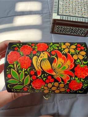 New Hand-Painted Floral & Bird Decorative Box Khokhloma folk